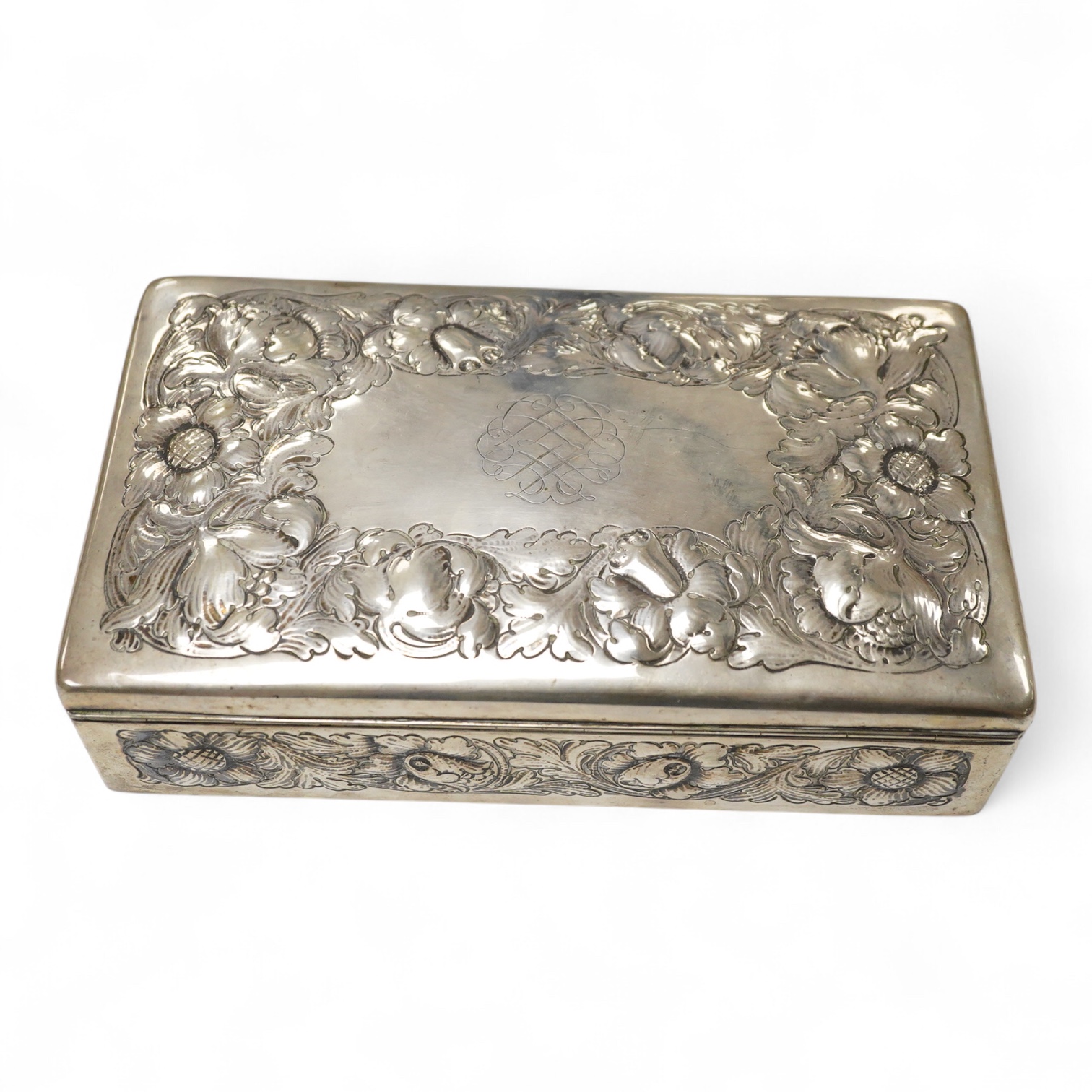 A Norwegian embossed 830 standard white metal mounted rectangular cigarette box, by J. Tostrup, 23.1cm.